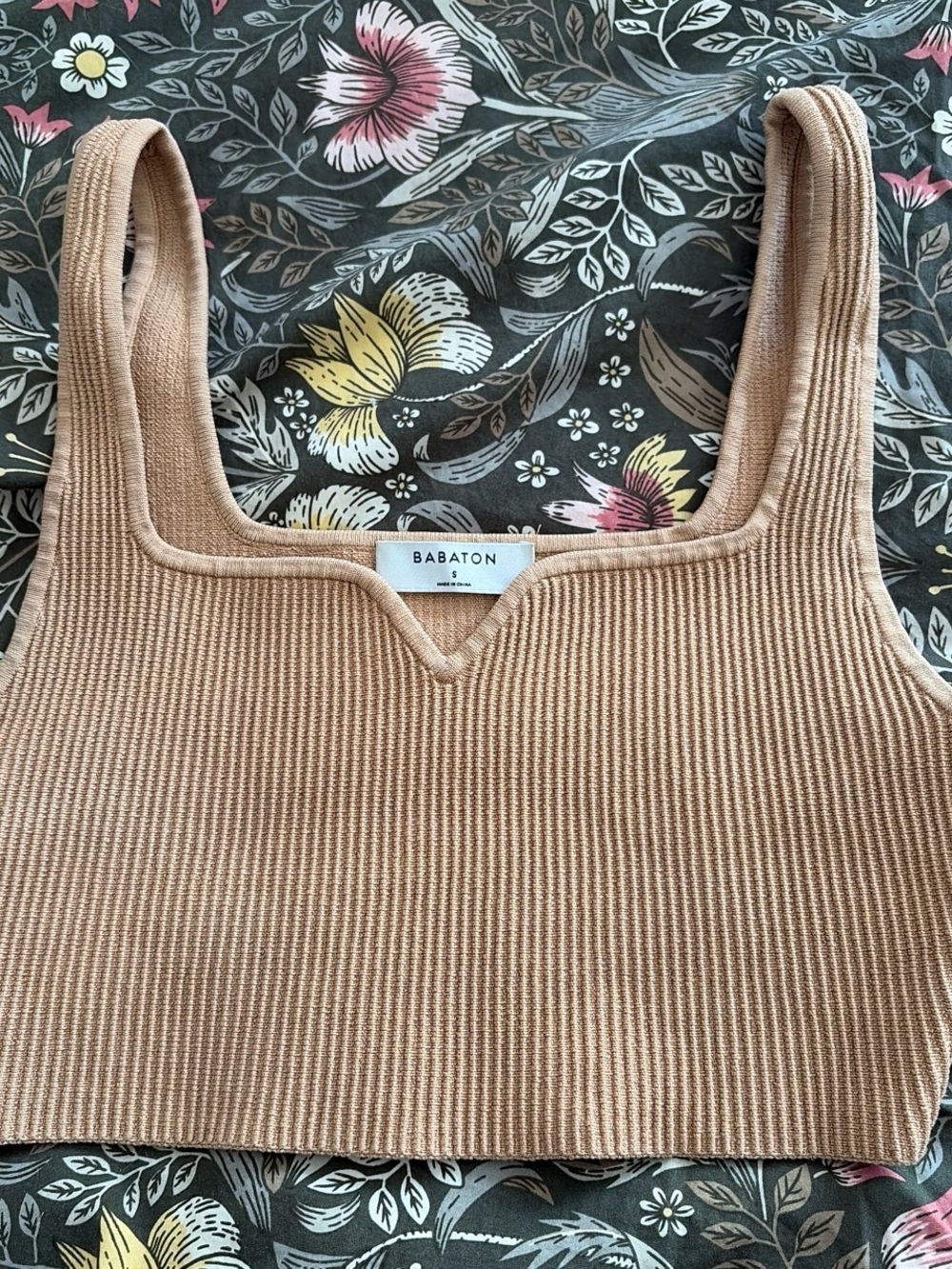 Babaton Ribbed Square-Neck Crop Tank in Tan